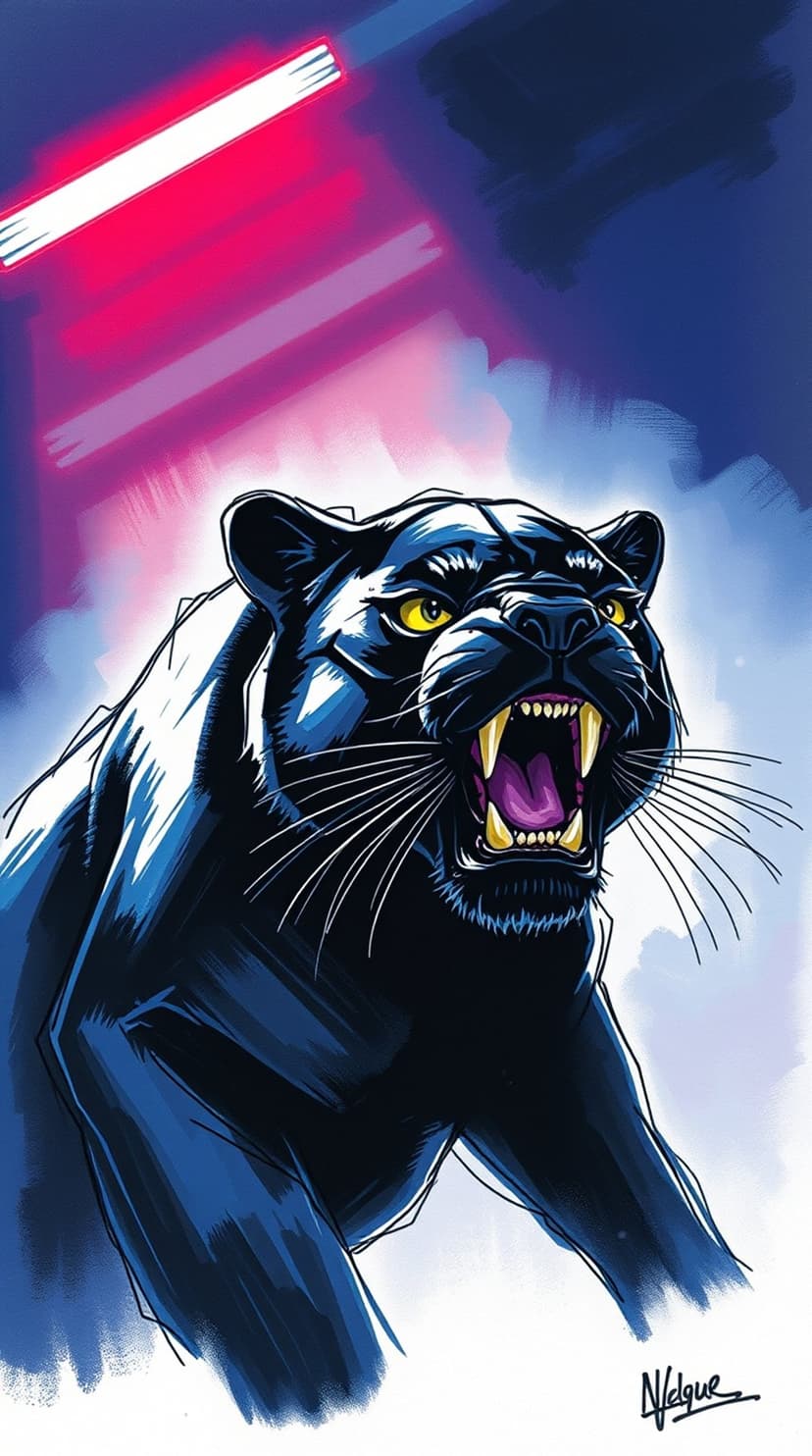 Black panther roaring with bared teeth and yellow eyes under vibrant pink and blue neon lights in a dark setting.