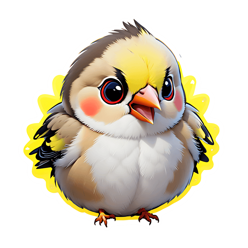 Yellow bird fledgling clipart featuring a soft brown body, glossy eyes, and open orange beak in a front view pose.