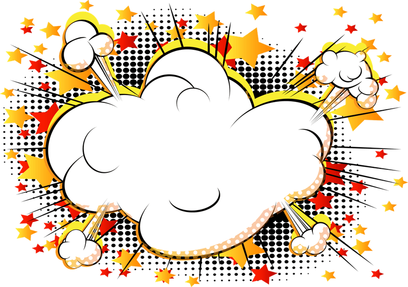 Comic book explosion with white smoke clouds and a blank yellow text bubble in a vibrant pop art vector style.