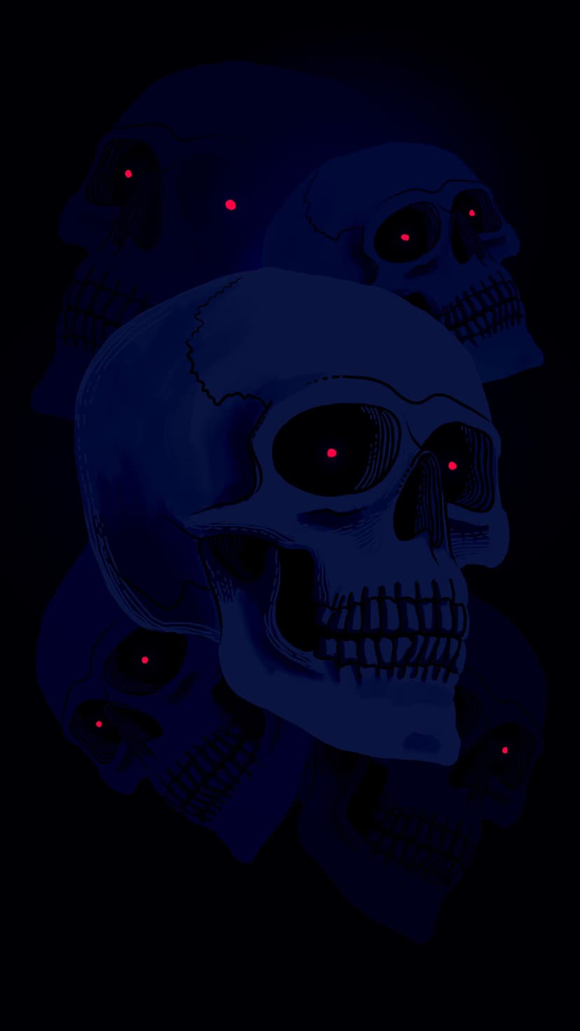 Skulls with glowing red eyes and dark blue bone textures appear in a layered, haunting vertical composition.