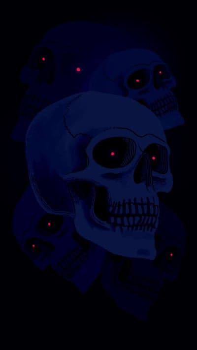 Dark Blue Skulls with Glowing Red Eyes in Darkness