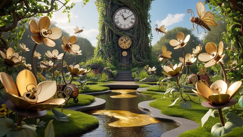 Mechanical brass butterflies hover near oversized golden flowers and a tree decorated with vintage clocks.
