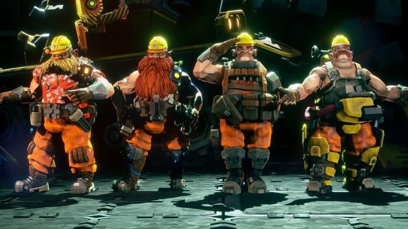 Four stylized dwarves in orange jumpsuits and yellow hardhats stand on a dark industrial mining platform.