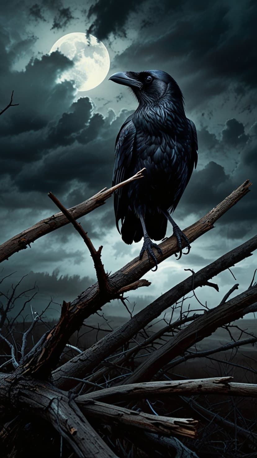 Black raven perched on gnarled branches before a massive glowing moon within a dark and cloudy midnight sky.
