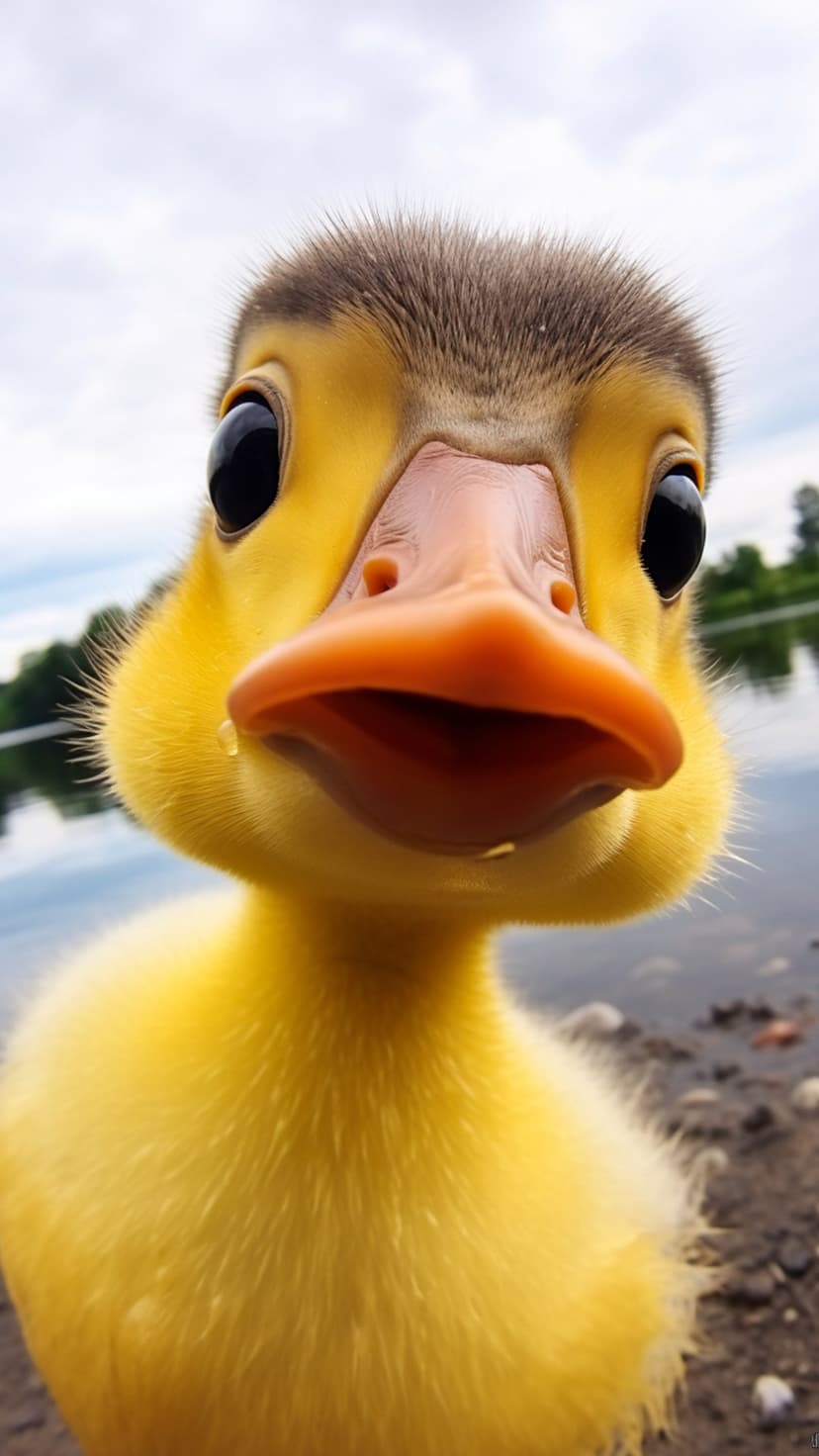 Yellow fluffy duckling face with an orange beak and dark eyes resting near a pebbled shore and blue water.