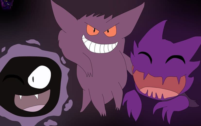 Gastly, Gengar, and Haunter smiling playfully on a dark purple background with soft lighting and deep shadows.