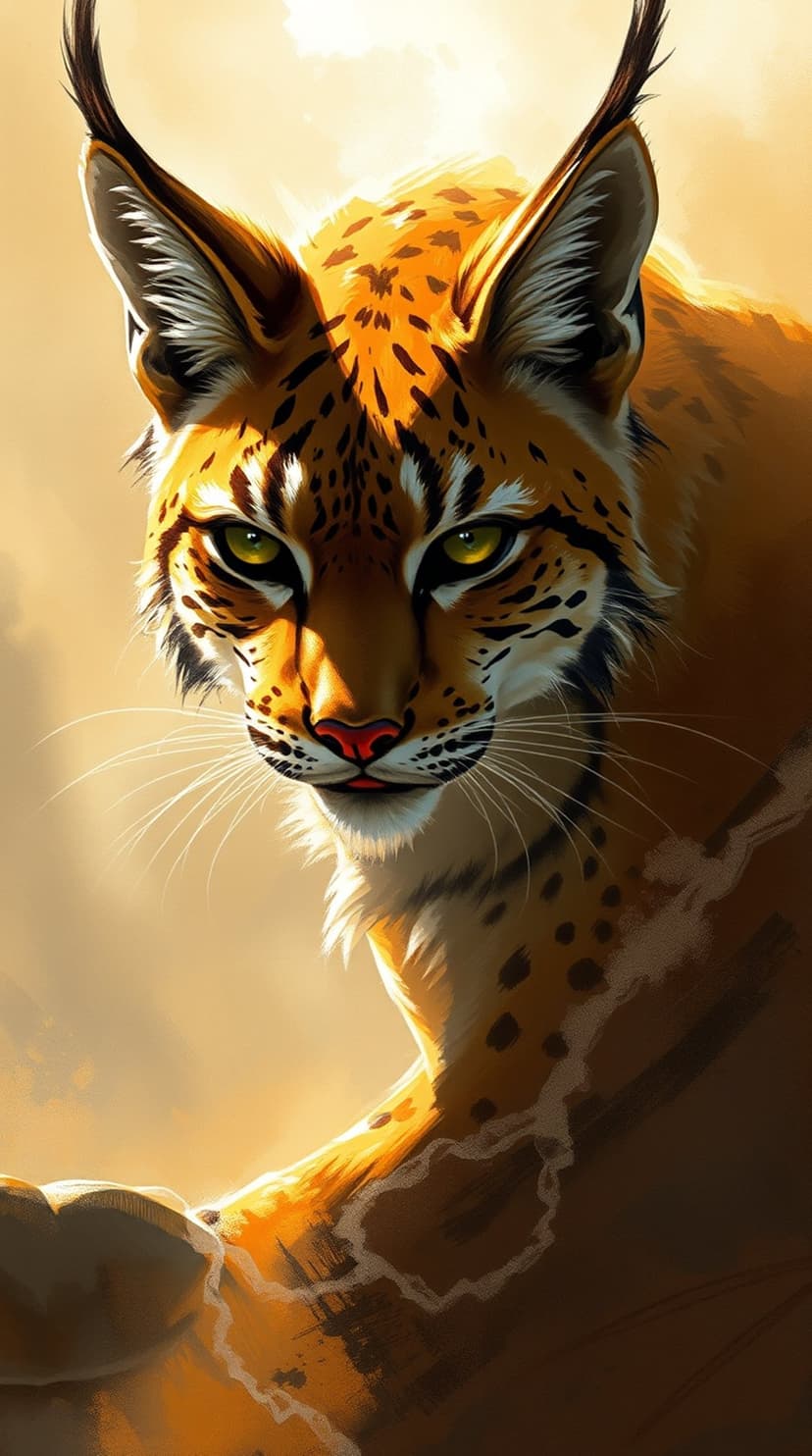 Lynx with tufted ears and bright green eyes gazes forward amidst warm golden lighting and a blurred background.