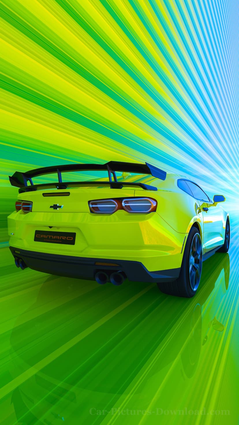Rear view of a yellow Camaro racing through vibrant green and blue motion blur lines on a vertical screen.