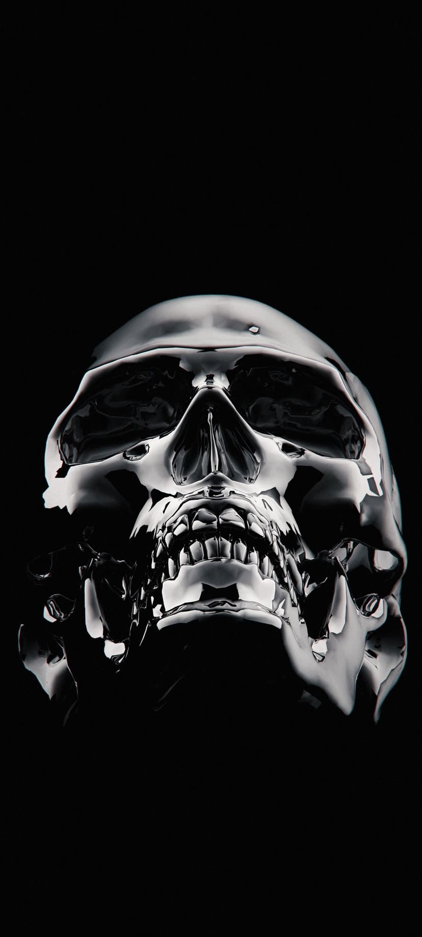 Polished chrome skull with reflective metallic surfaces and liquid contours set against a dark black background.
