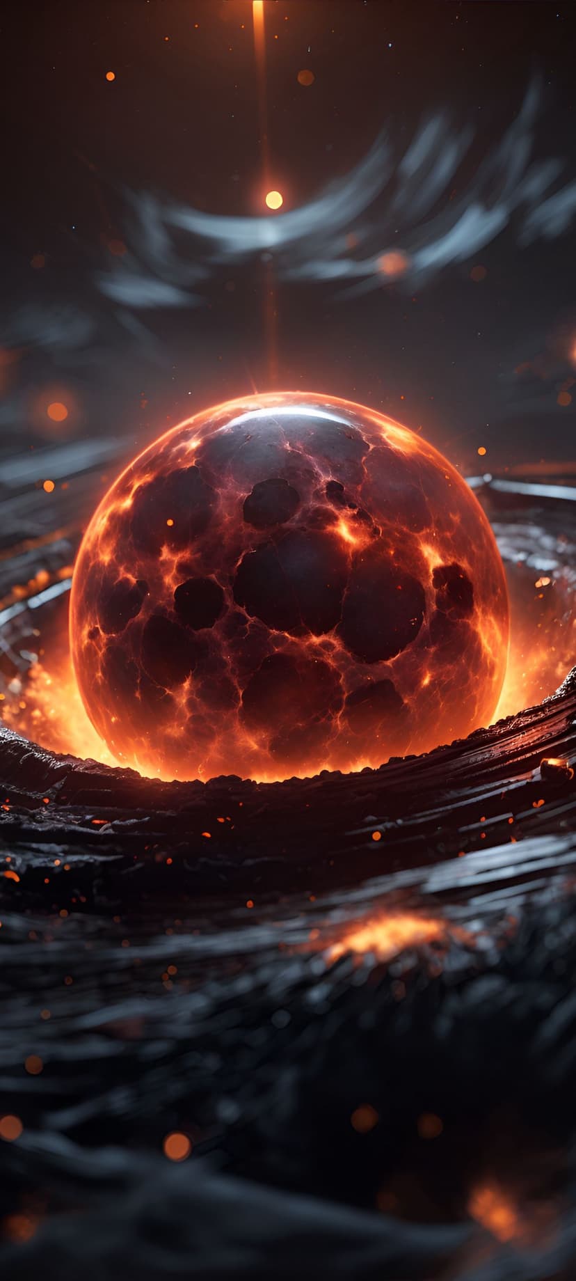 Glowing molten planet surfacing from dark rocky waters with drifting embers and a celestial beam.