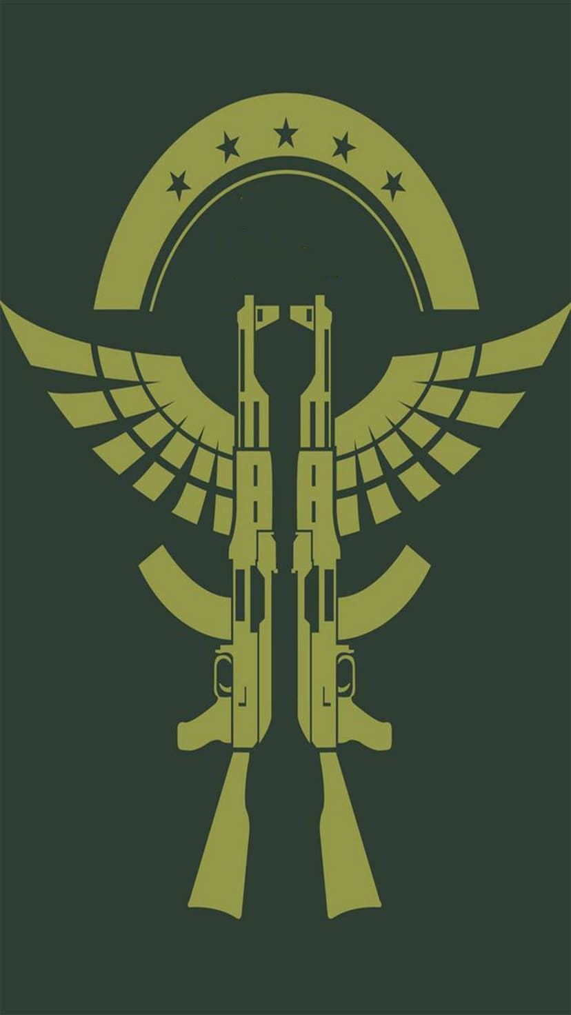 Two mirrored rifles stand vertically between spread wings under a five-star arc on an olive green background.