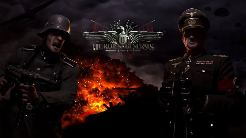 WWII infantryman and general stand before a massive fiery explosion in a dark cinematic battlefield scene.