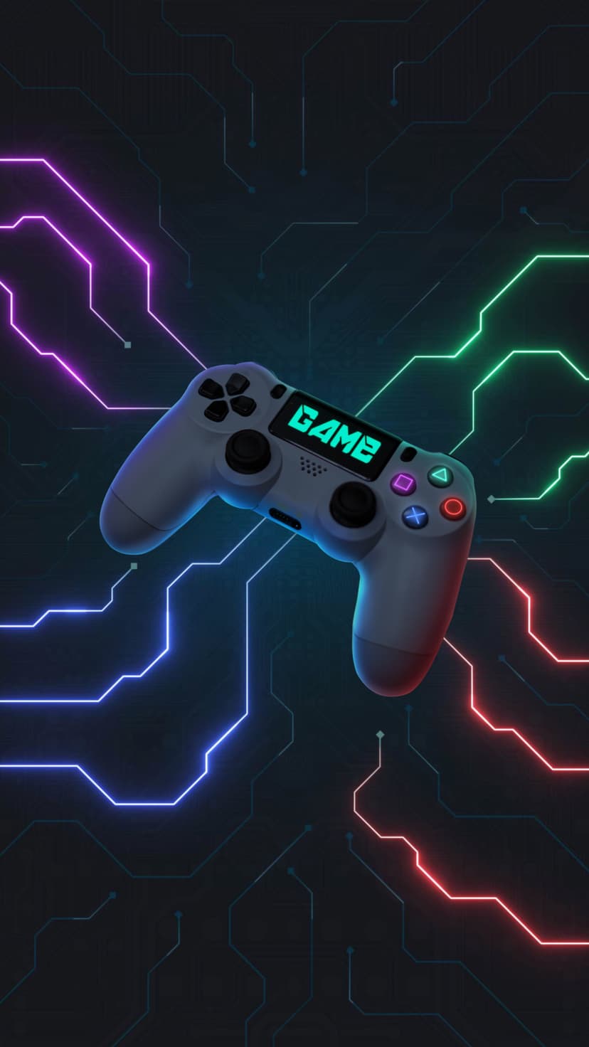 White game controller with a green digital screen surrounded by glowing neon circuit board lines on a dark background.