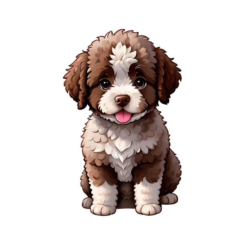 Brown and white puppy sticker features a fluffy coat and dark eyes while sitting in a centered front view.