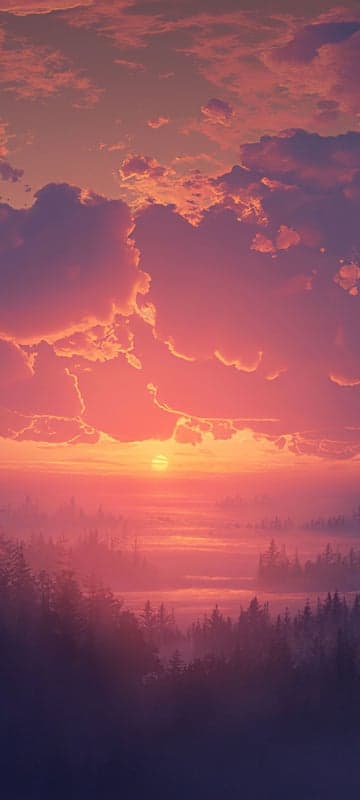 Misty Forest Sunrise with Fiery Clouds