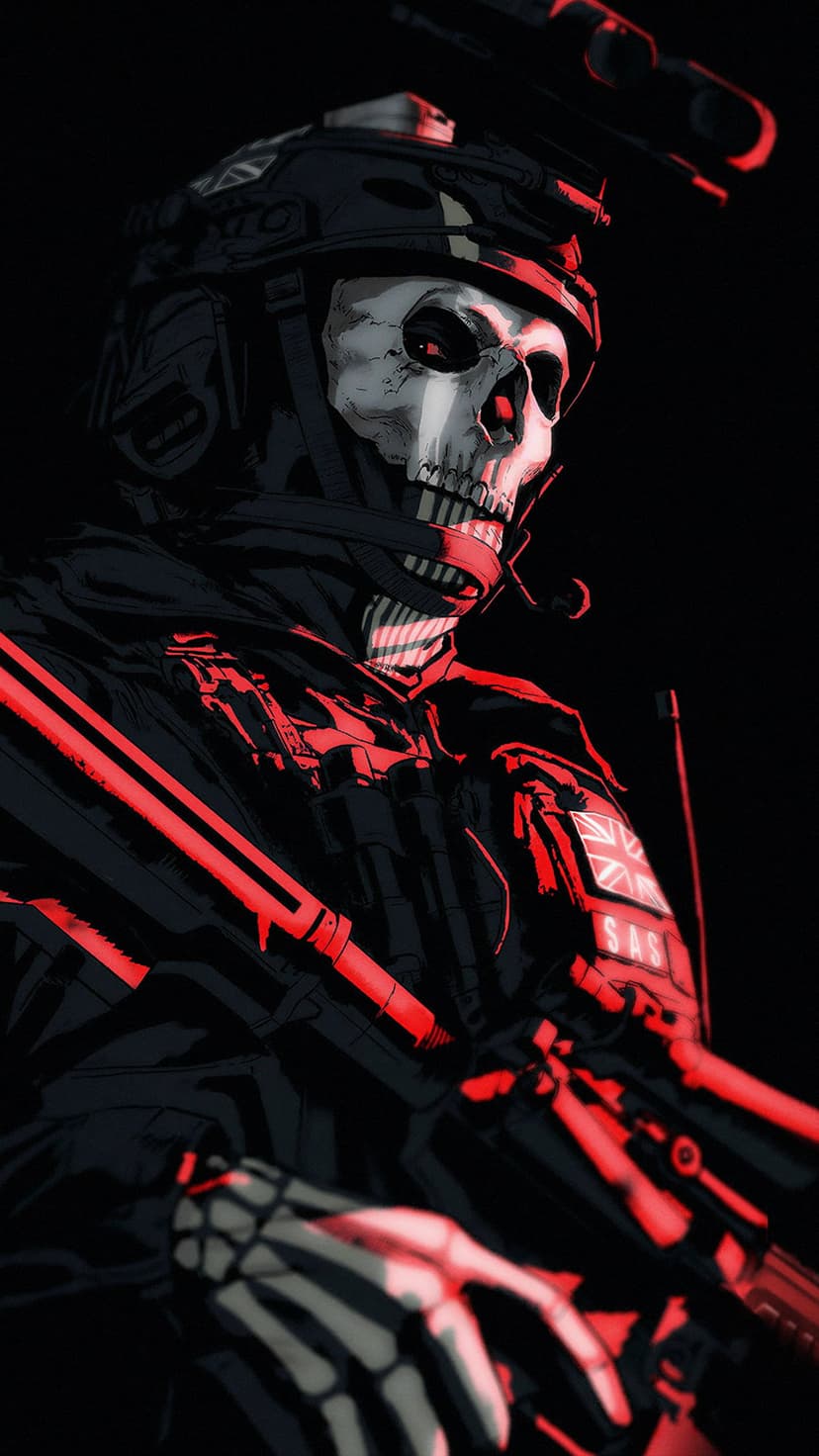 Simon Riley wearing a skull mask and tactical vest in dark red lighting while holding a modern assault rifle.