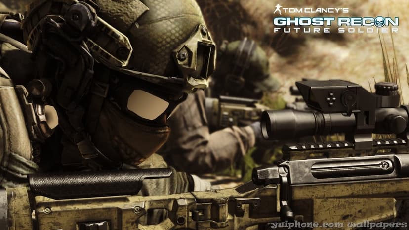 A soldier in tactical gear aims a sniper rifle with a digital scope in a dusty desert gaming environment.