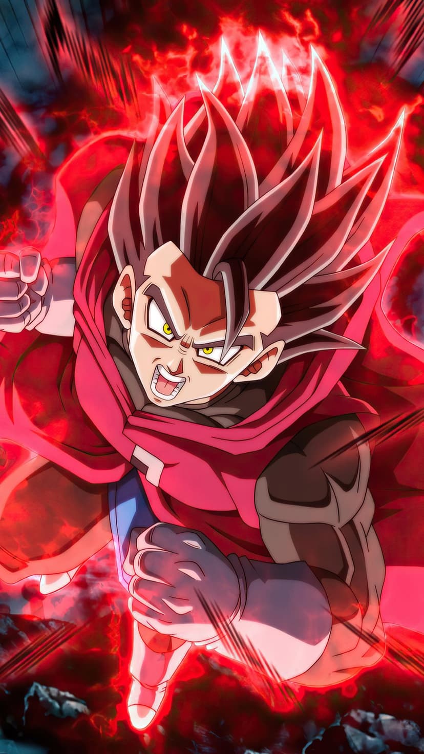Saiyan warrior with spiked hair stands centered, engulfed in a swirling crimson energy aura and lightning bolts.