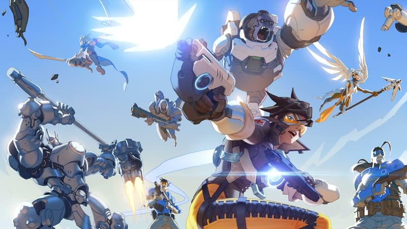 Tracer, Winston, Reinhardt, and Mercy in a dynamic action pose against a bright blue sky with lens flares.