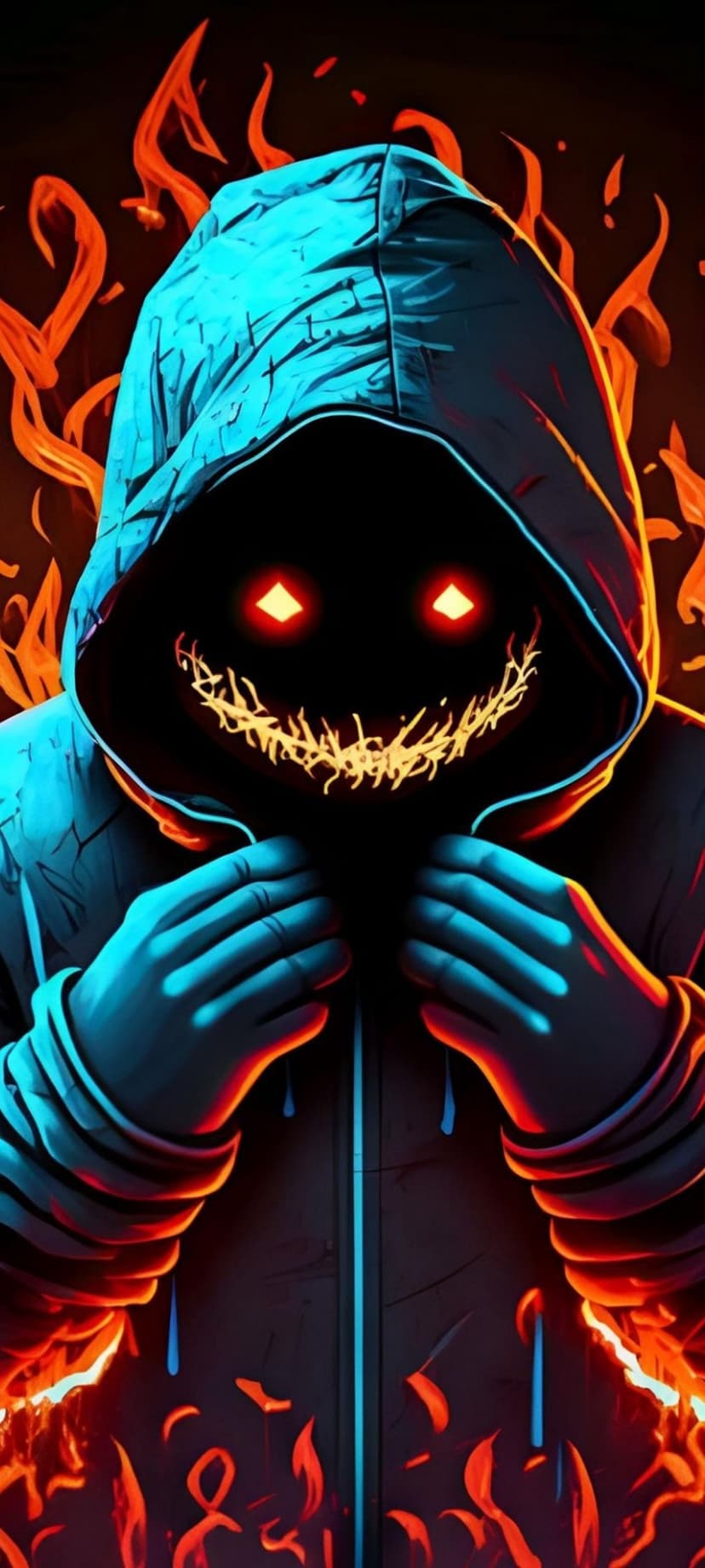 Shadowy figure wearing a blue hoodie with glowing red eyes and a jagged fiery grin amidst orange flames.