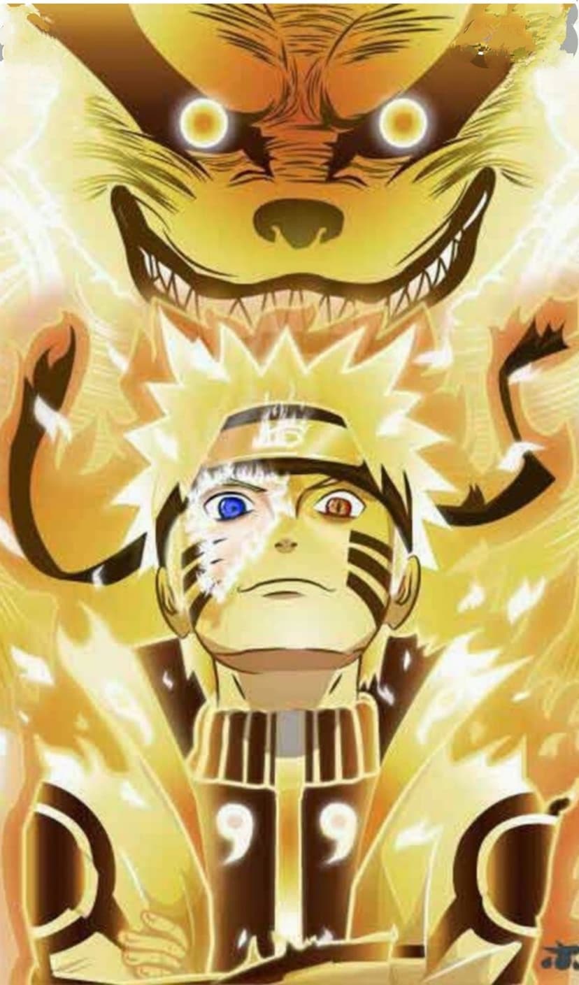 Naruto Uzumaki glows with golden energy in front of a snarling Kurama fox spirit with sharp teeth and glowing eyes.