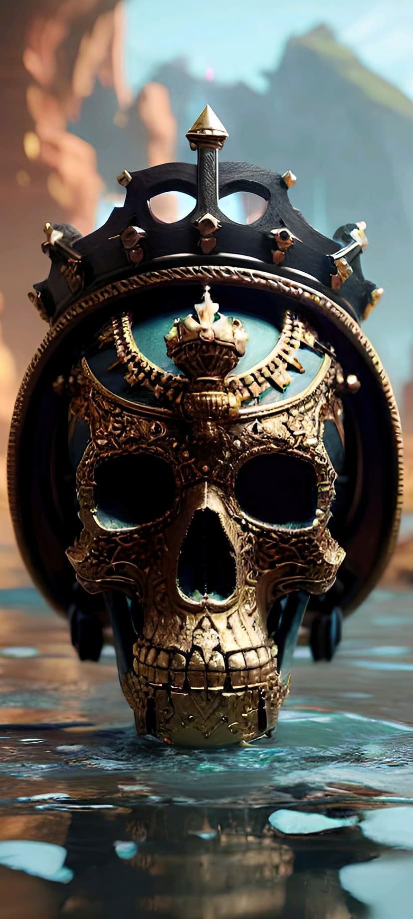 Golden skull wearing an ornate black crown rests in shallow water with reflections and a dark blurred background.