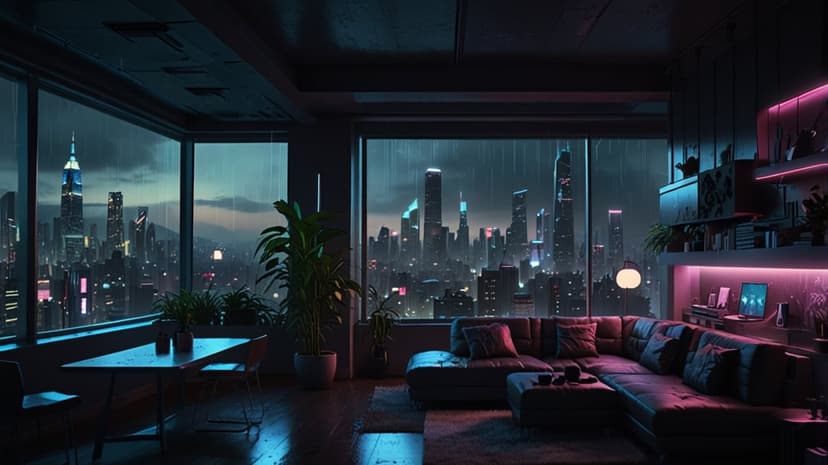 Futuristic penthouse sofa faces floor-to-ceiling windows overlooking a rainy neon city skyline at night.
