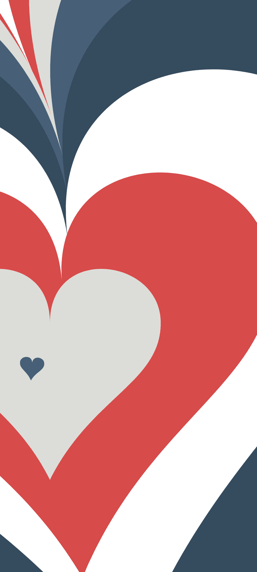 Layered red and white hearts sit atop sweeping blue and red curved stripes in a vertical patriotic composition.