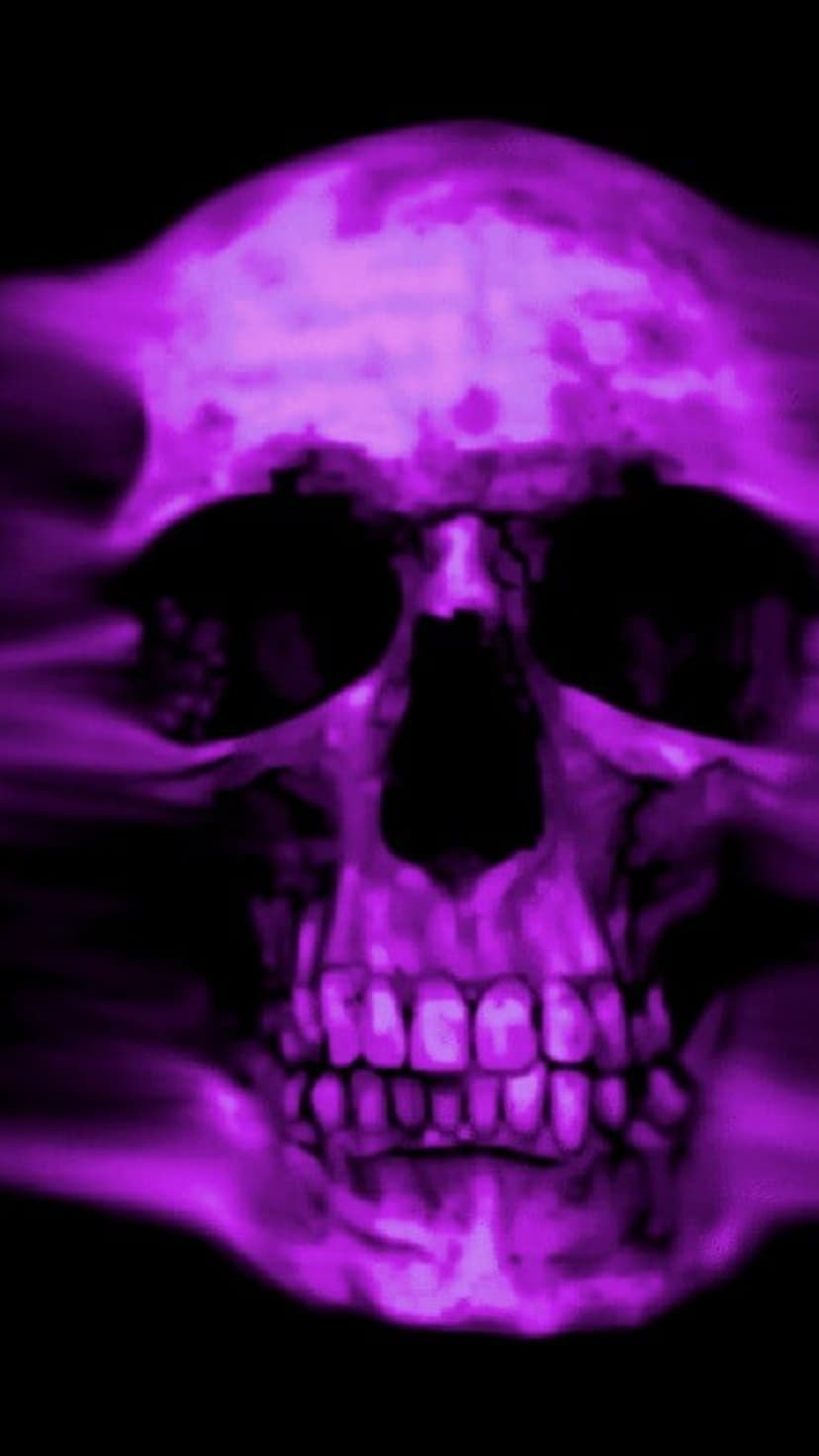 Purple skull with glowing eye sockets surrounded by wisps of violet smoke against a solid black background.