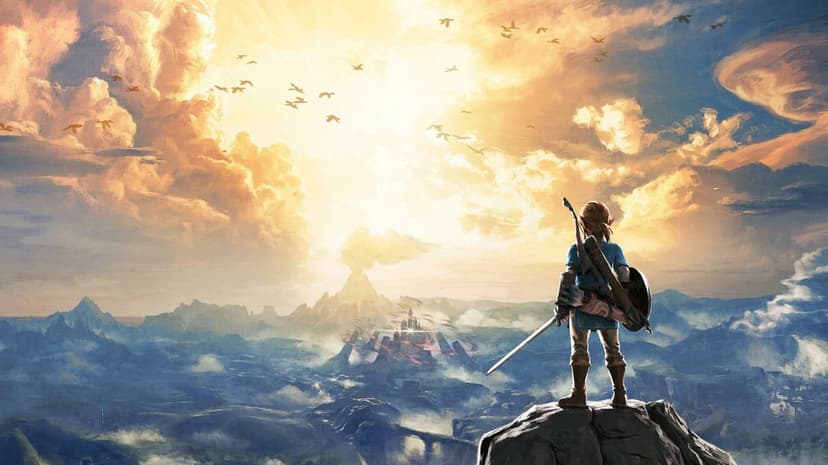 Link standing on a cliff edge overlooking a vast valley with a glowing sunrise and distant mountains.