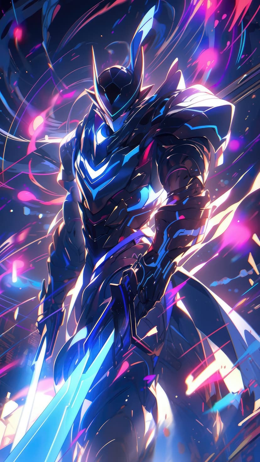Cyberpunk warrior in dark armor holding a glowing neon blue sword amidst streaks of pink and cyan light.