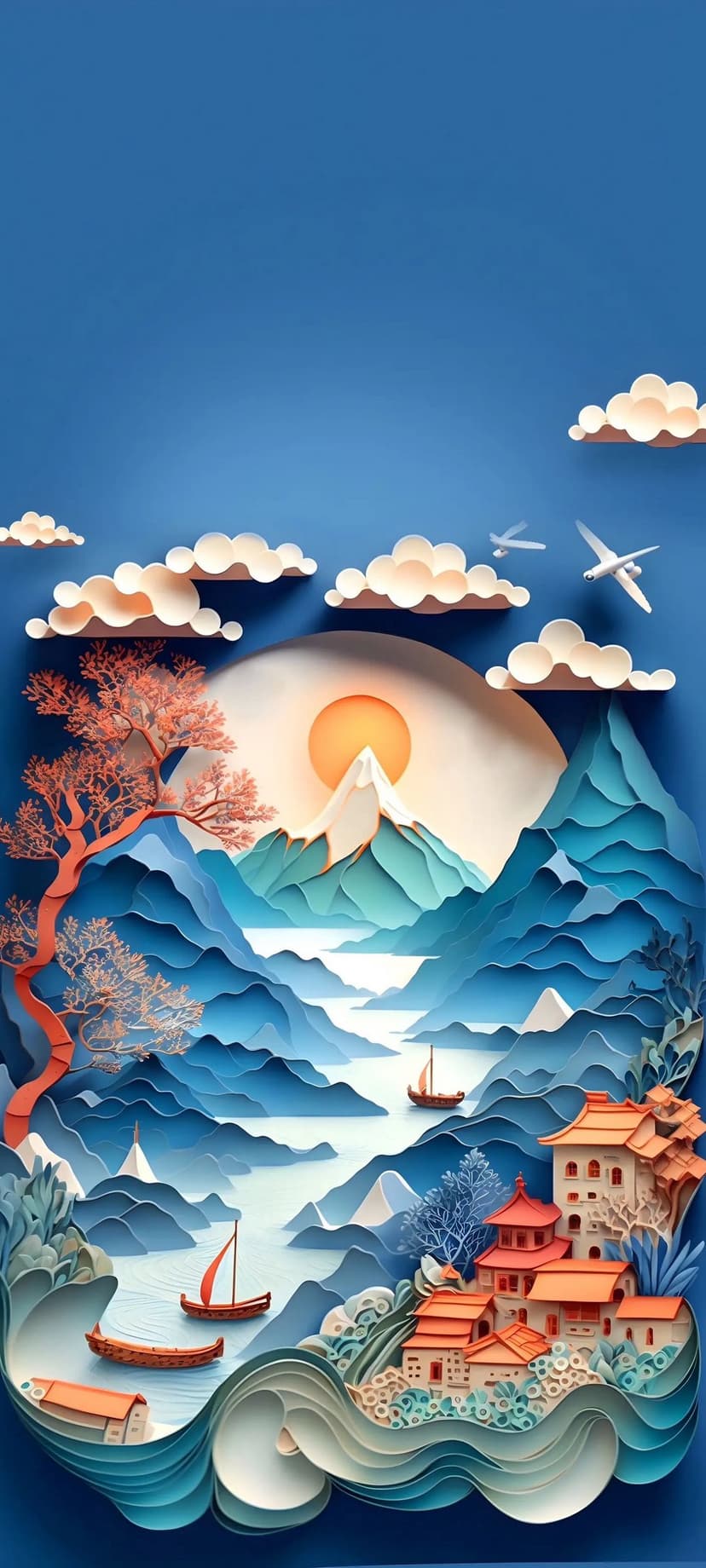 Blue mountain layers tower over a traditional village and a winding river under a glowing orange sun.