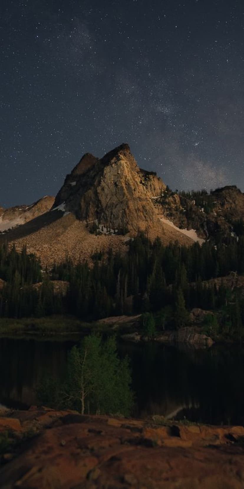 Rugged mountain peak under a starry sky reflects in a still lake bordered by dark evergreen pine trees at night.