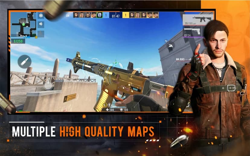 Golden assault rifle in first-person view with game HUD and a soldier in a leather jacket against a blue sky.