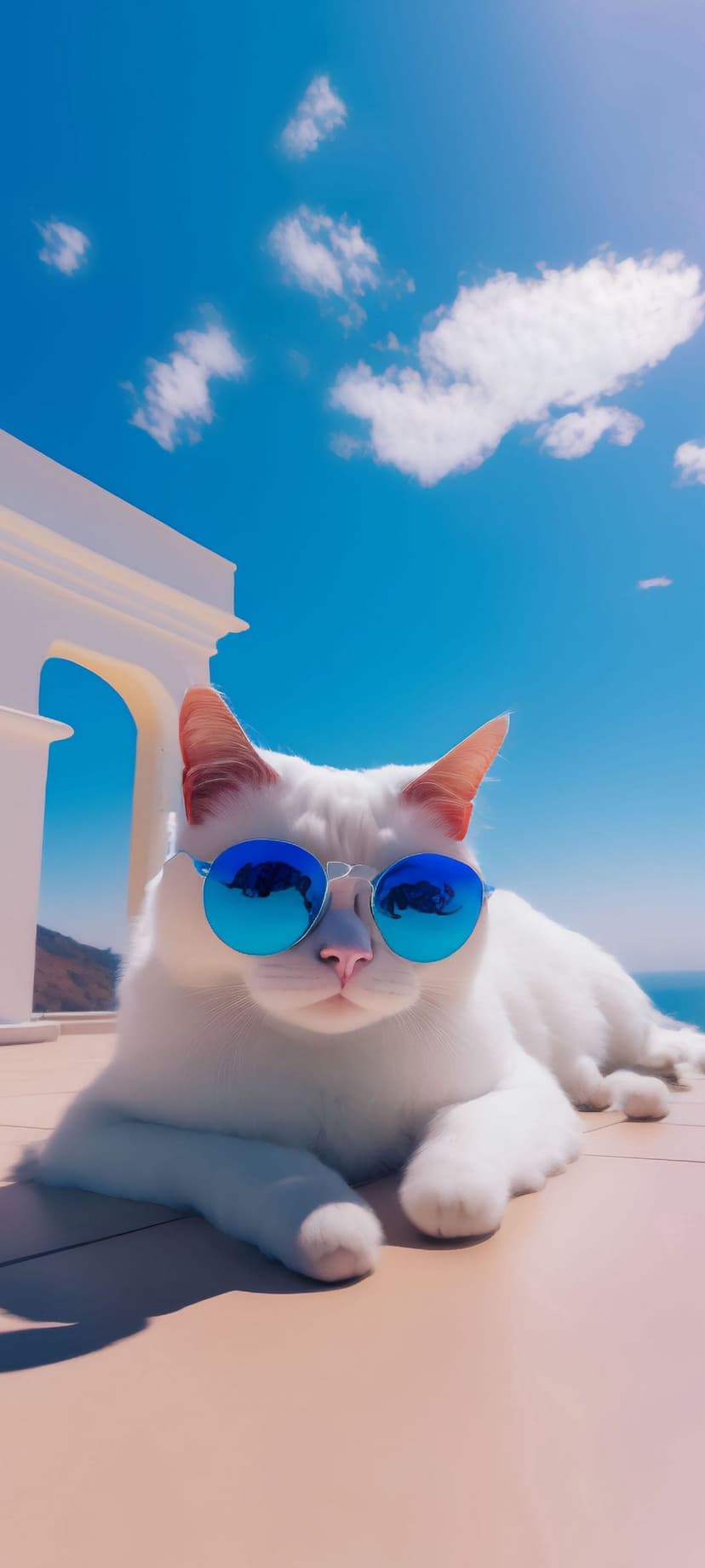 Fluffy white cat wearing blue mirrored sunglasses outdoors under a bright sky with soft clouds near the sea.