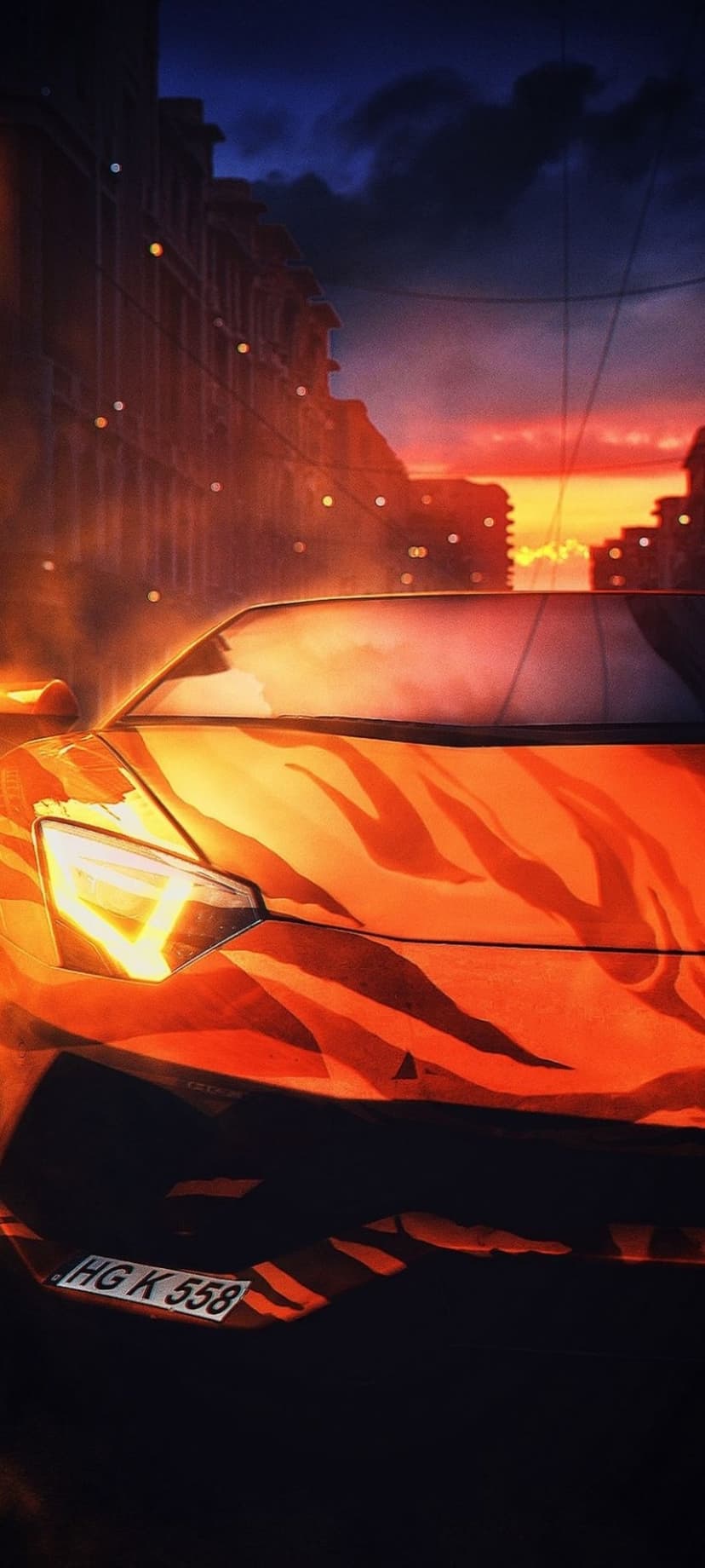 Orange tiger-striped sports car with glowing headlights on a blurred city street at sunset during dusk.