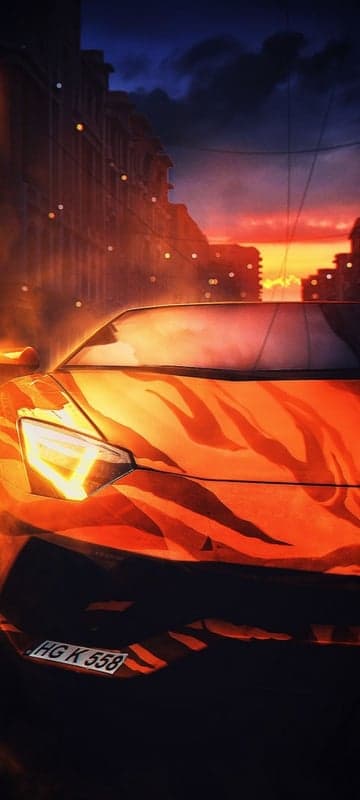 Fiery Orange Sports Car in Sunset Cityscape