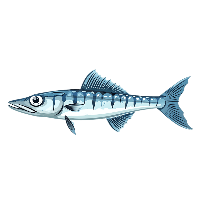 Barracuda fish illustration shows a streamlined silver body with dark vertical stripes on a black background.