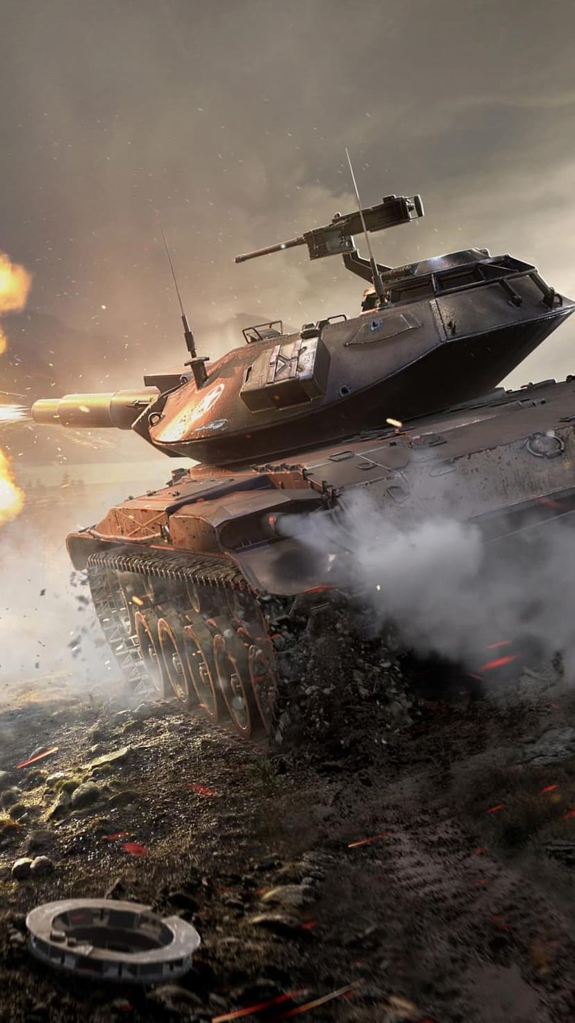 Armored tank firing its main gun amidst clouds of dust and smoke on a rugged battlefield landscape.