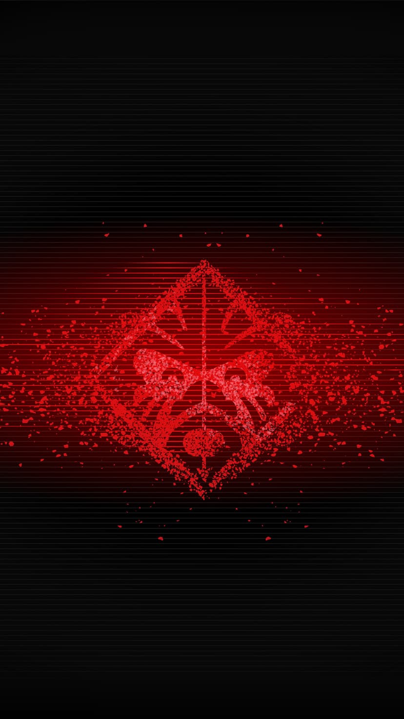 Fractured crimson icon surrounded by glowing red particles and faint horizontal scanlines on a black backdrop.