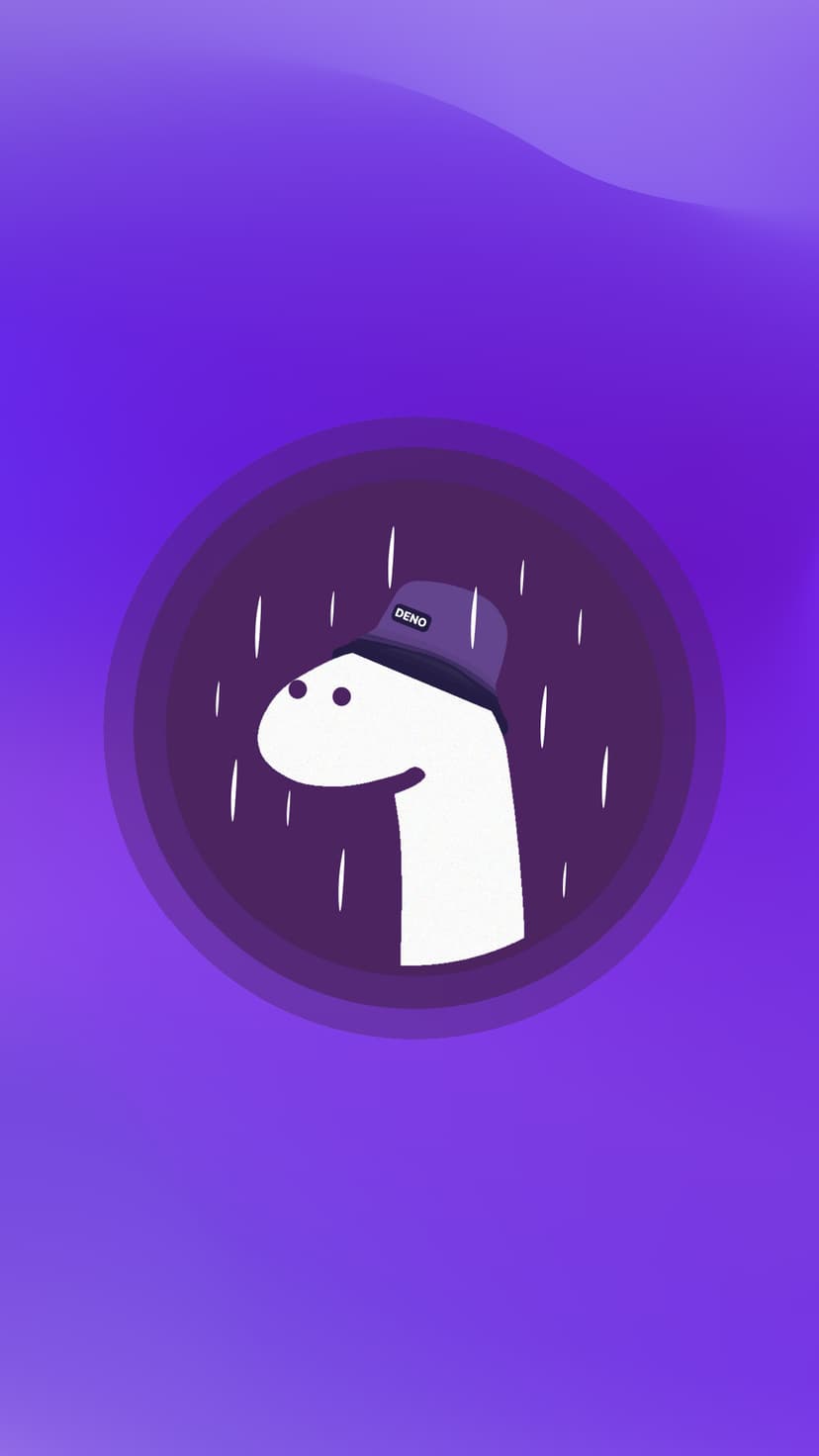 White dinosaur wearing a blue cap stands inside a purple circle with rain patterns against a solid violet backdrop.