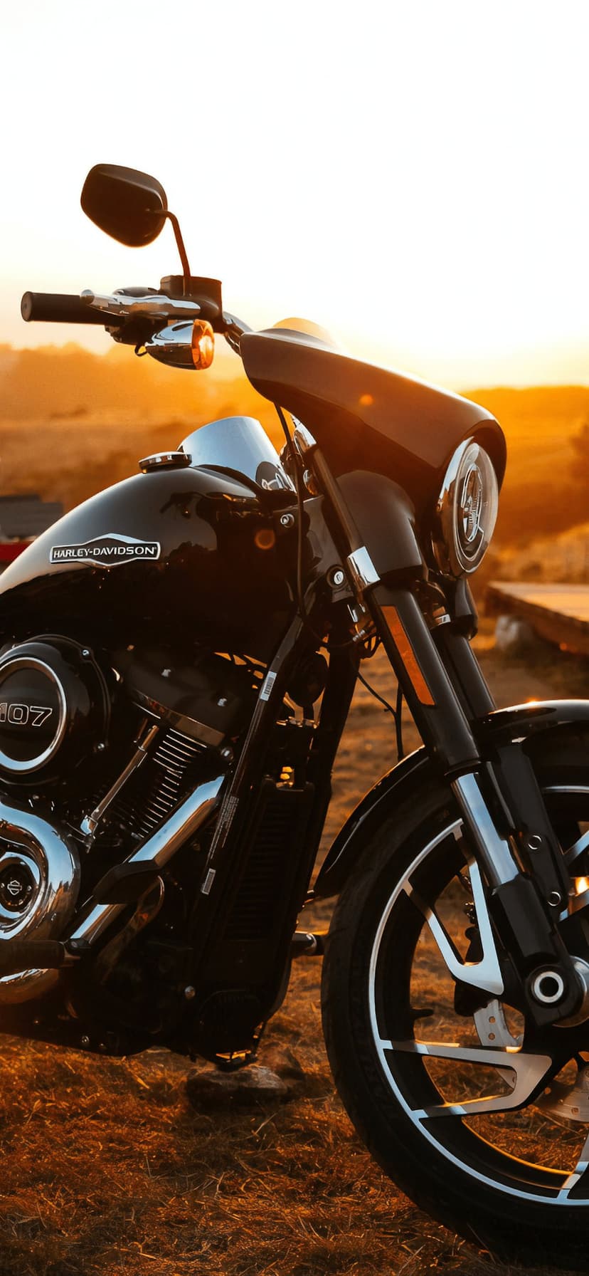 Black Harley-Davidson motorcycle with chrome engine details in the warm orange light of a sunset field.