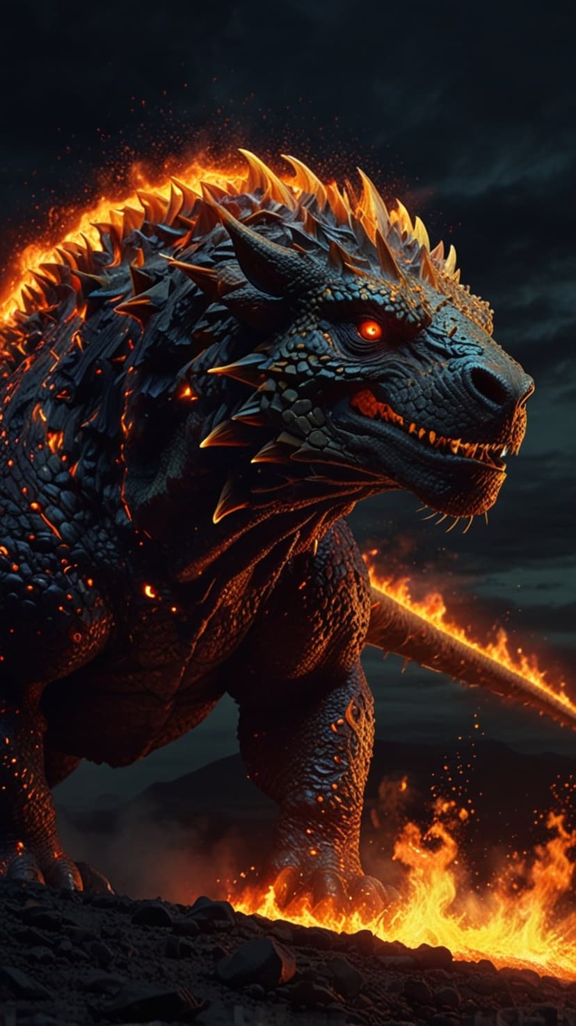 Black dragon with glowing orange scales emerges from volcanic rocks under a dark sky with flickering embers.
