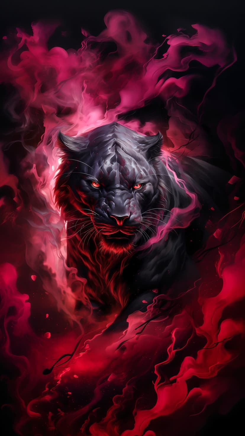 Black panther with red glowing eyes emerges from thick crimson smoke, set against a dark, moody backdrop.