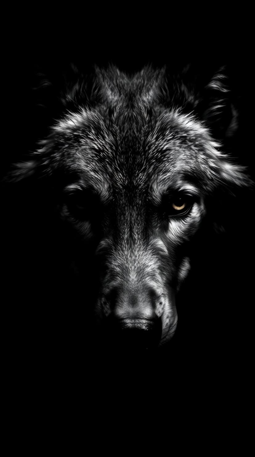 Wolf face with detailed grey fur and a single bright golden eye staring forward against a dark background.
