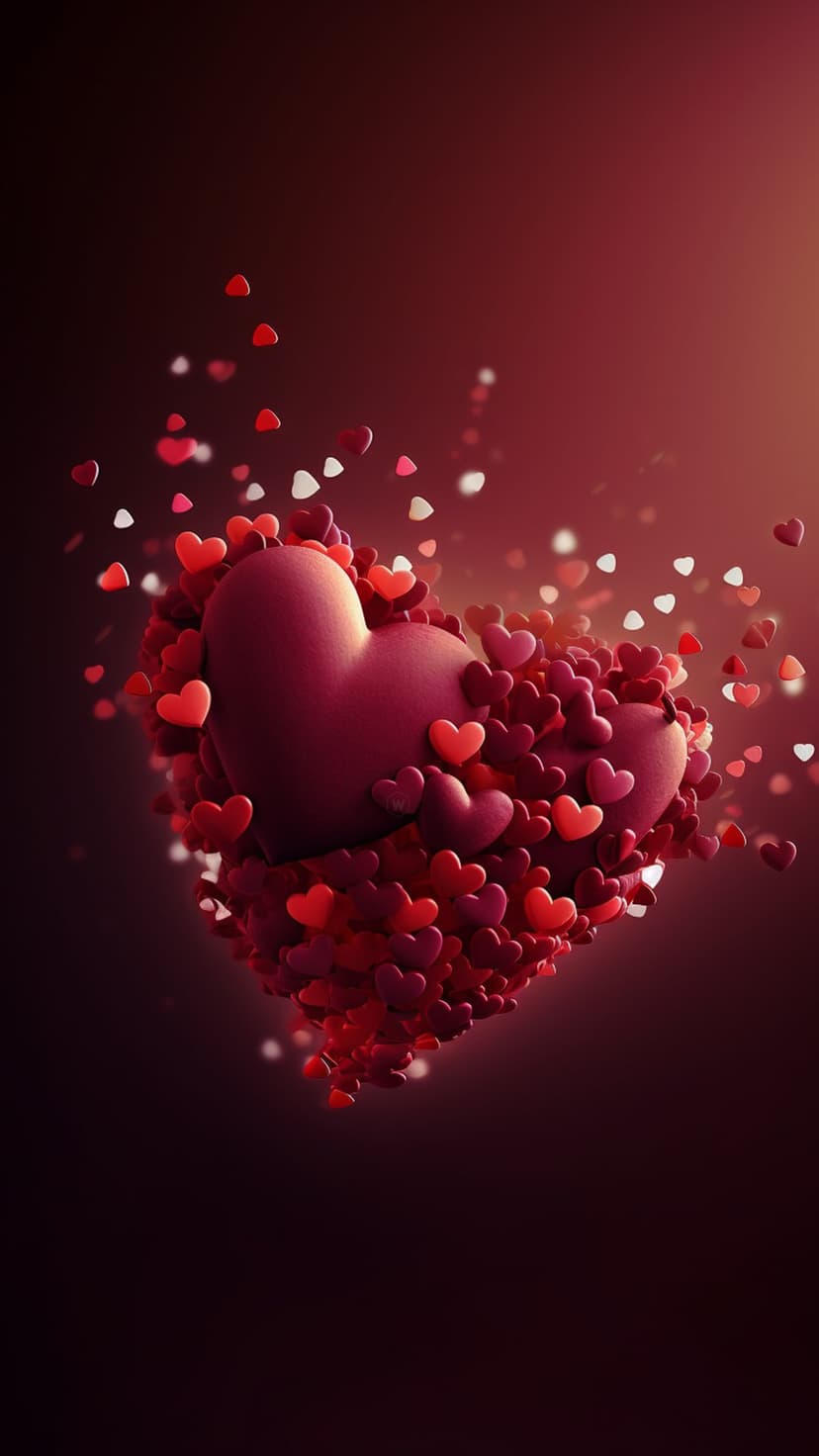 Luminous red heart shape bursting into smaller hearts against a dark background for mobile screen displays.