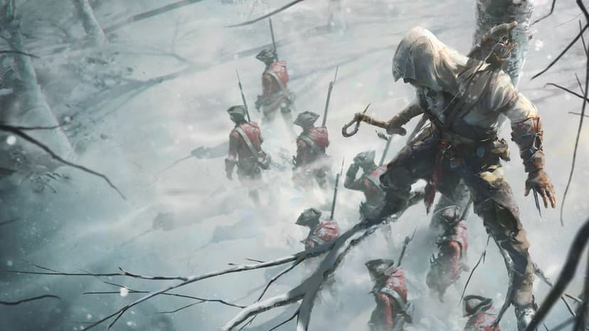 Assassin Connor Kenway with a tomahawk crouched on a snowy branch overlooking Redcoat soldiers in a winter forest.
