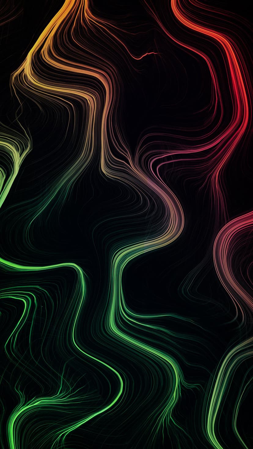 Luminous orange and green light ribbons weave together in a fluid pattern over a pitch-black background.