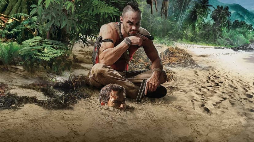 Vaas Montenegro crouching on a beach with a gun next to a head buried in the sand on a tropical island.