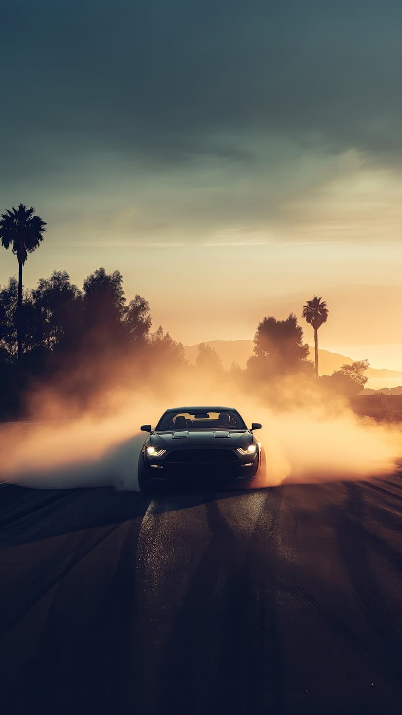 Black Ford Mustang drifts through thick orange dust clouds against a tropical sunset landscape silhouette.